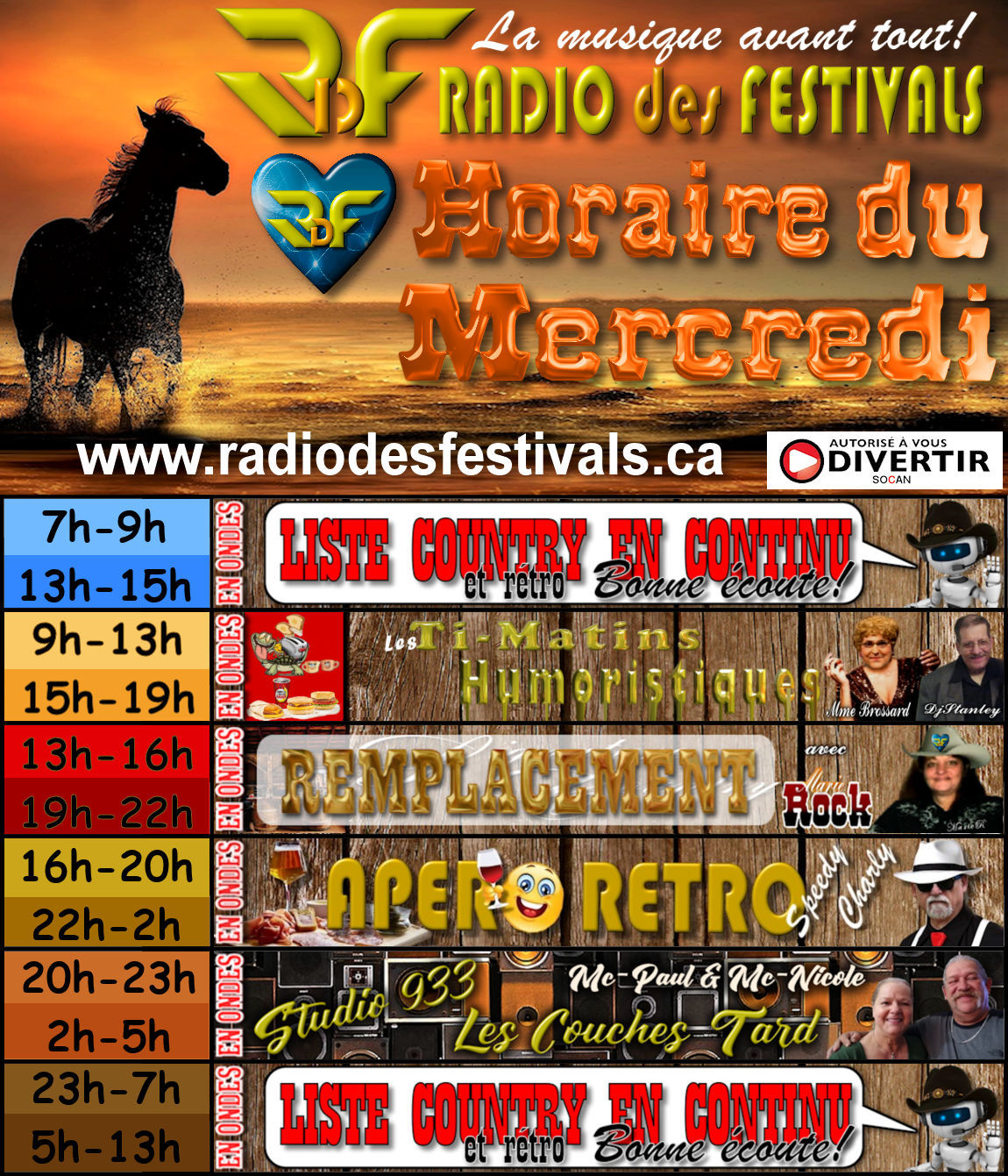 horaire du Mercredi de la radio des festivals